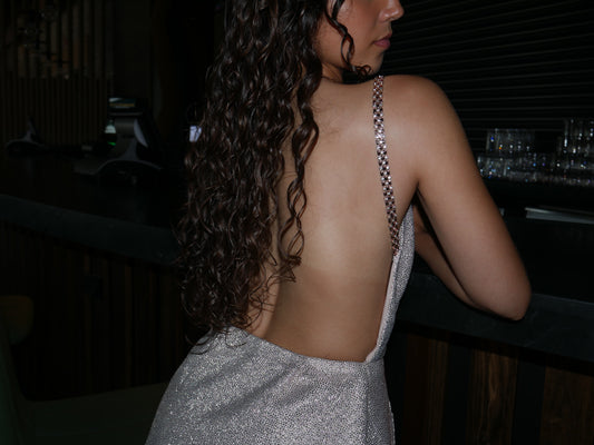 BACKLESS BROCADE DRESS